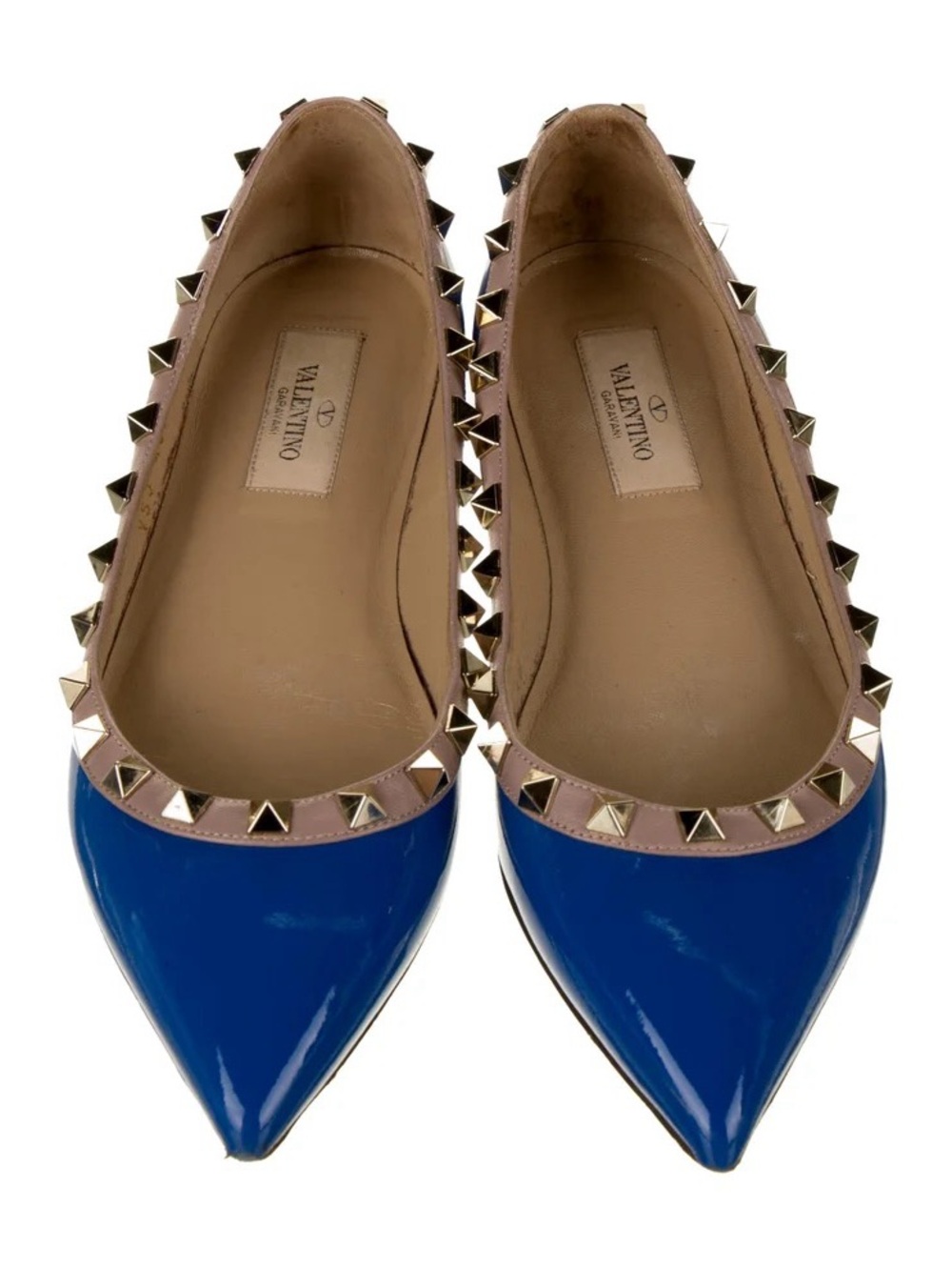 Valentino Blue Patent Leather Rockstud Pointed Ballet Flats